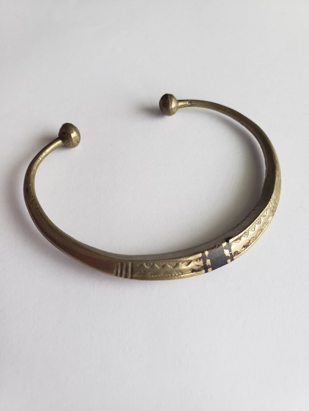 Vintage Tuareg Style Brass Inlay Cuff Bracelet Open Torque Tribal